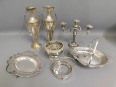 A pair of silver plated vases & other metal wares