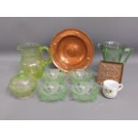 A uranium glass jug, other 1930's glass & two arts