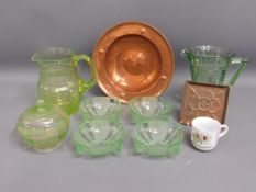 A uranium glass jug, other 1930's glass & two arts