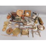 Two silver mounted button hooks, brass ware, horse bits, bedwarmer, WW1 binoculars & other sundry it