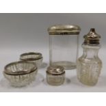 A Mappin & Webb silver topped jar & four other silver topped glass wares