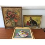 A bull fighting oil signed Bruce with two still life works signed M. Smith & E. Kerry, largest 19.5i