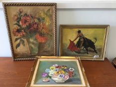 A bull fighting oil signed Bruce with two still life works signed M. Smith & E. Kerry, largest 19.5i