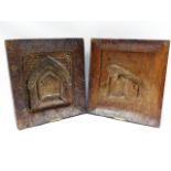 A pair of vintage heavy carved oak plaques with ha