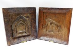 A pair of vintage heavy carved oak plaques with ha