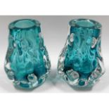 Two Liskeard glass knobbly vases in aqua, 5.25in t