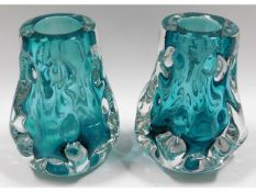 Two Liskeard glass knobbly vases in aqua, 5.25in t