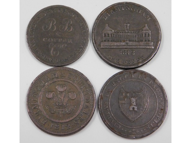 Four tokens: Birmingham & South Wales 1812 penny;