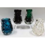Four Liskeard glass knobbly vases in aubergine, bl