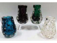 Four Liskeard glass knobbly vases in aubergine, bl