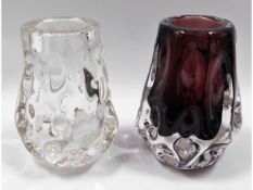 Two Liskeard glass knobbly vases in aubergine & fl