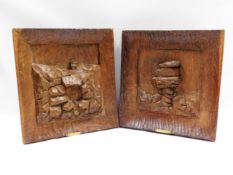 A pair of vintage heavy carved oak plaques with ha