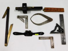 A selection of measuring tools, a rosewood mortice