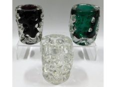 Three Liskeard knobbly glass vases in green, flint