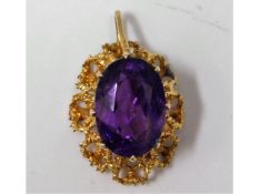 A 9ct gold mounted amethyst, 25mm drop, 3.2g