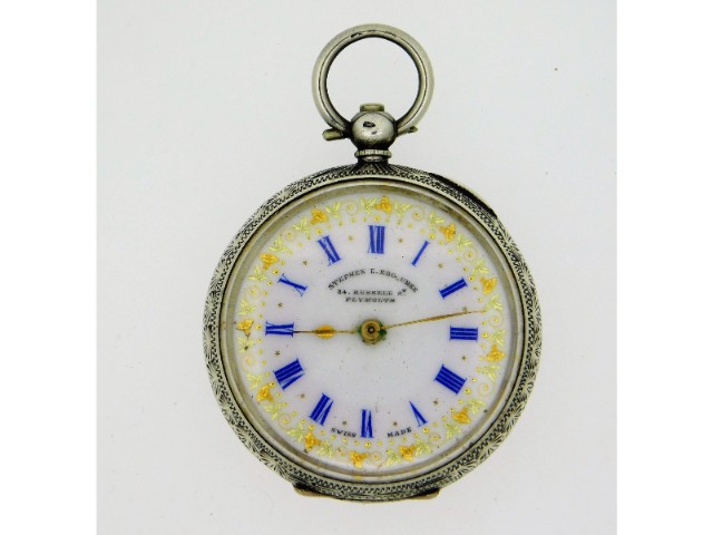 A ladies silver pocket watch with enamelled dial,