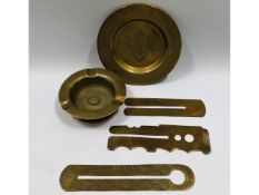 Two trench art dishes twinned with two brass tunic