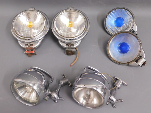 Six chrome car lamps including a pair of headlight