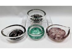 Four Liskeard art glass dishes, widest 6.75in