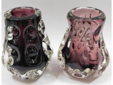 Two Liskeard glass knobbly vases in aubergine, 5.2