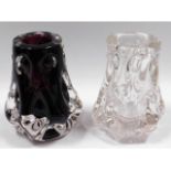 Two Liskeard glass knobbly vases in aubergine & fl