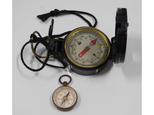 A miniature vintage brass pocket compass & an Engi