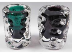 Two Liskeard knobbly glass vases in green & auberg