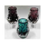 Three Liskeard glass knobbly vases in aubergine &