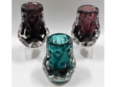 Three Liskeard glass knobbly vases in aubergine &