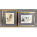 A pair of framed watercolours of kingfishers by Wi