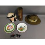 An Australian hat, a brass shell, three porcelain