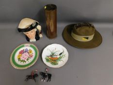An Australian hat, a brass shell, three porcelain