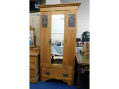 A satinwood wardrobe with mirror & art nouveau copper panels a/f with woodworm to back panel, 33.75i