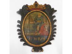 A 17th/18thC. hand painted oak plaque with painter