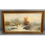 A framed wintry landscape oil by German artist, We