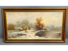 A framed wintry landscape oil by German artist, We