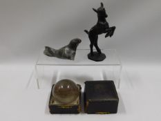 A bronze young deer, an Inuit carved seal & a vint