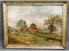 A 19thC. framed oil on paper of rural landscape, i