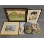 An oil of cottage signed A. E. Watts, a Japanese w
