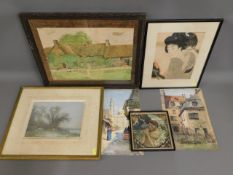 An oil of cottage signed A. E. Watts, a Japanese w