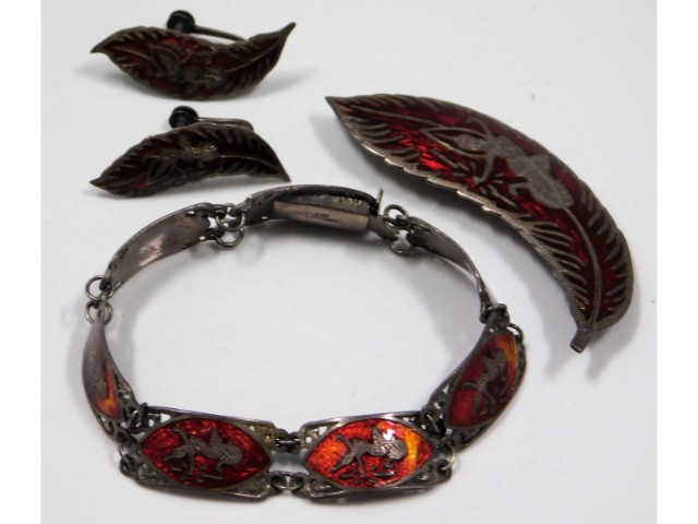 An enamelled Siam sterling silver bracelet, earrin