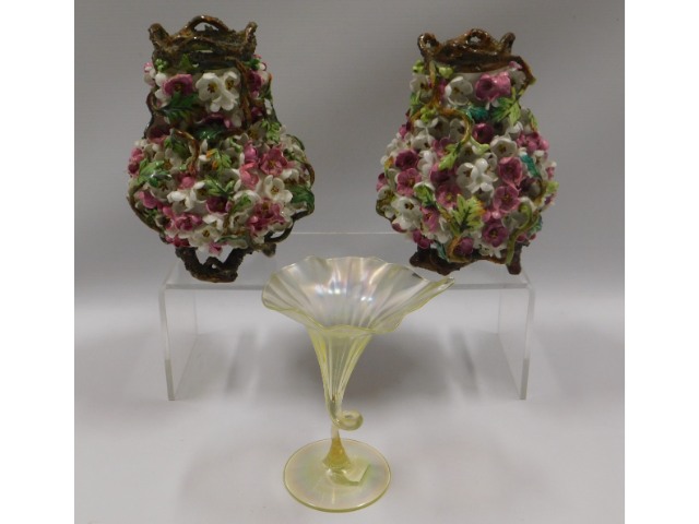 A pair of continental porcelain flower encrusted v