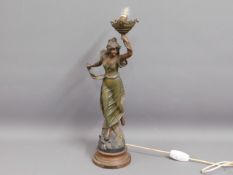 A c.1900 spelter figure 21.5in tall with lamp a/f