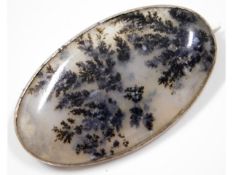 A white metal mounted moss agate brooch, 8.6g, 45m