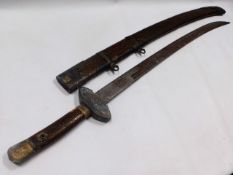 A Chinese sword with wooden handle & scabbard, 36in long