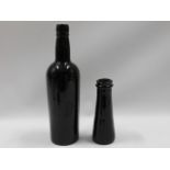 A brown coloured wine bottle, 12in tall & one othe