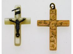 A 9ct gold cross, 0.7g, twinned with a pearl & whi
