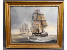 A gilt framed oil on canvas of ships at sea by Dav