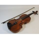 A German violin, labelled E. & L. Minarski, inlaid edging to bout, rosewood finger board, with bow &