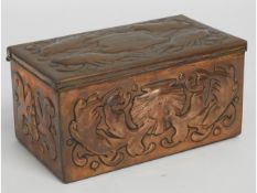 A Newlyn arts & crafts copper box with repoussé de